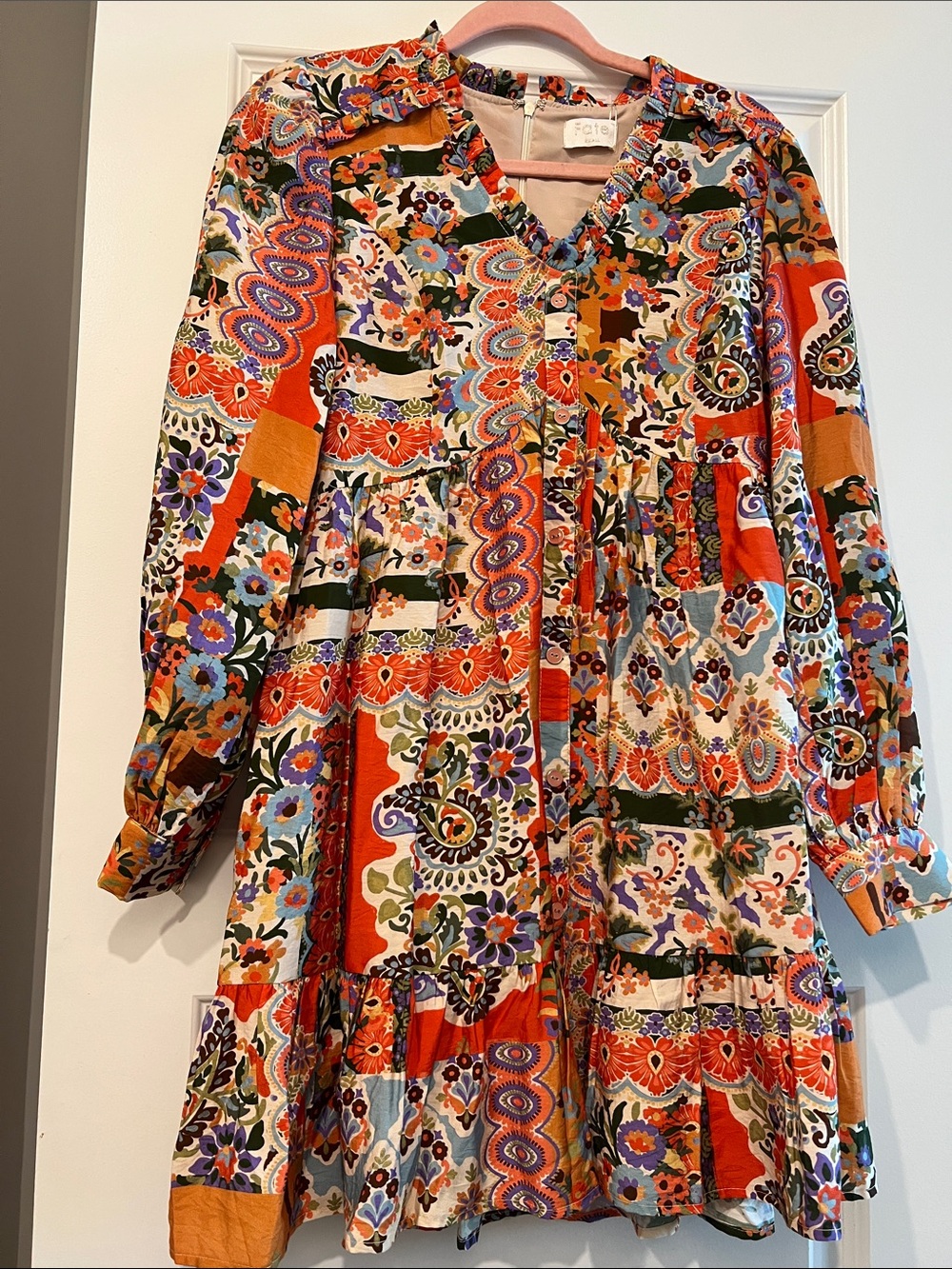 Fate Multicolor Patchwork Boho Long Sleeve Mini Dress - Orange/Coral Accents
